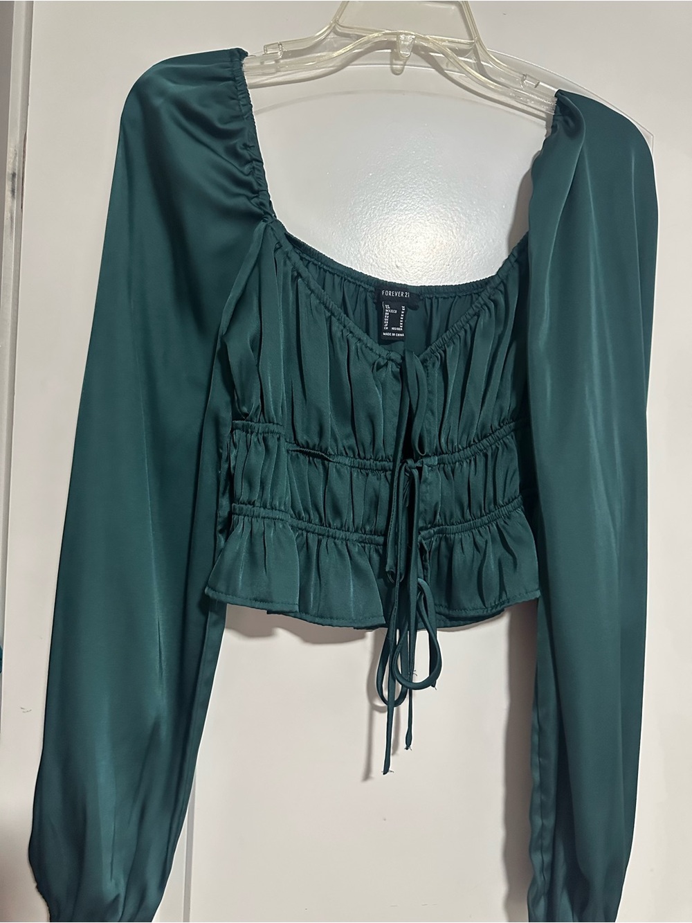 Forever 21 Emerald Green Satin Long-Sleeve Ruched Crop Top